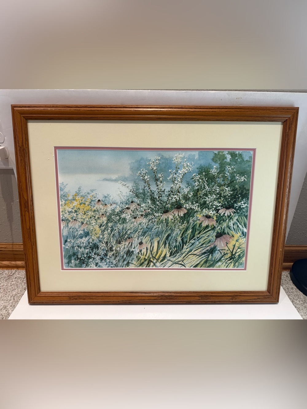 Framed Coneflower Wildflower Landscape Watercolor Print Matted Wood Frame
